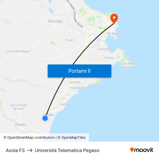 Avola FS to Università Telematica Pegaso map