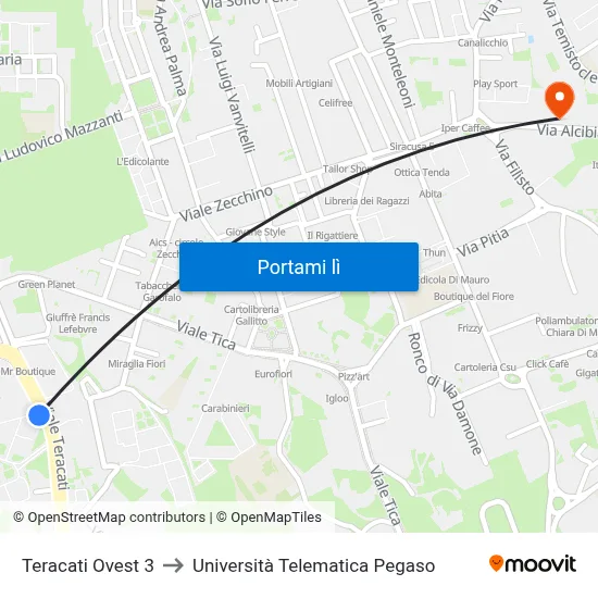 Teracati Ovest 3 to Università Telematica Pegaso map