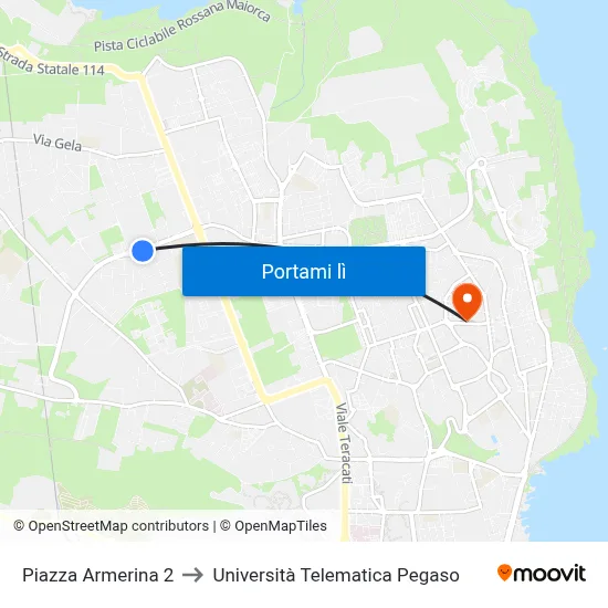 Piazza Armerina 2 to Università Telematica Pegaso map