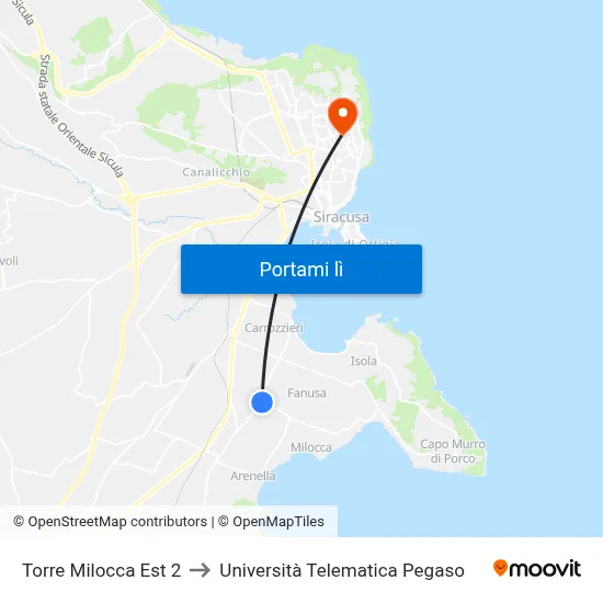 Torre Milocca Est 2 to Università Telematica Pegaso map