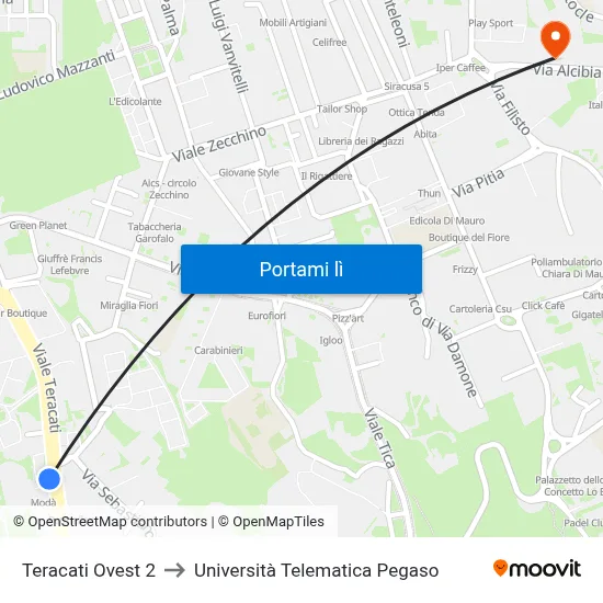 Teracati Ovest 2 to Università Telematica Pegaso map