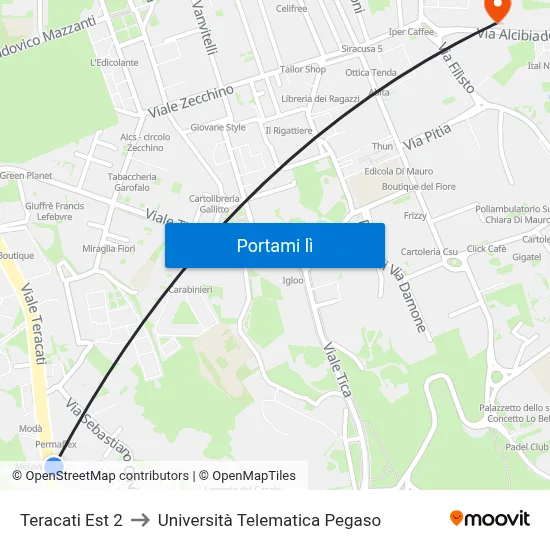 Teracati Est 2 to Università Telematica Pegaso map