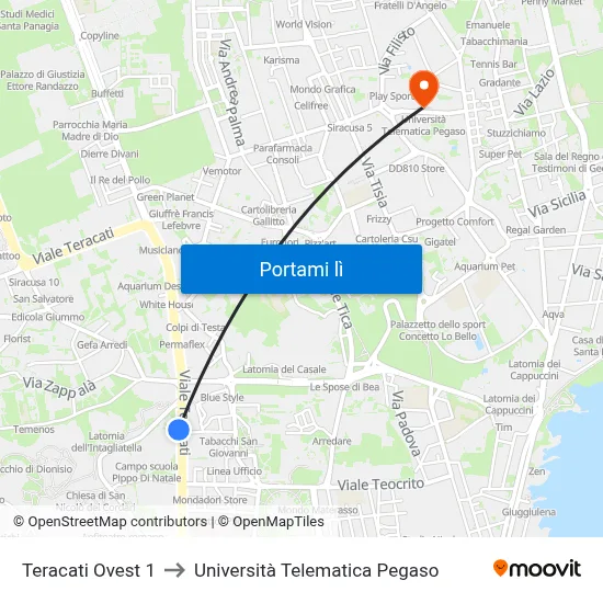 Teracati Ovest 1 to Università Telematica Pegaso map