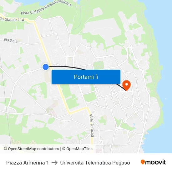 Piazza Armerina 1 to Università Telematica Pegaso map