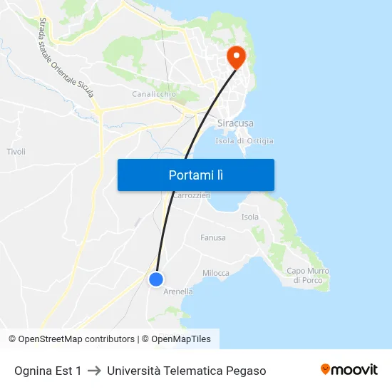 Ognina Est 1 to Università Telematica Pegaso map