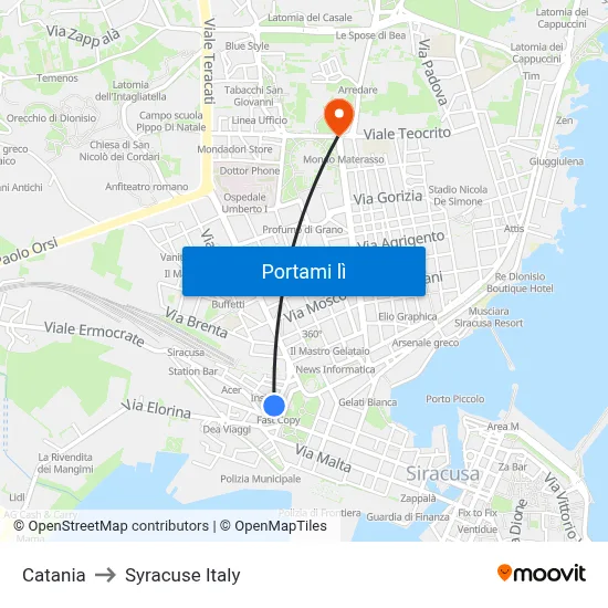 Catania to Syracuse Italy map