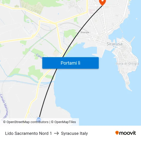 Lido Sacramento Nord 1 to Syracuse Italy map