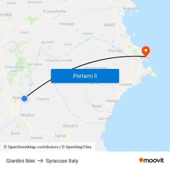 Giardini Iblei to Syracuse Italy map