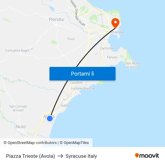 Piazza Trieste (Avola) to Syracuse Italy map