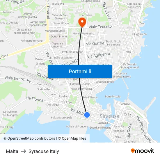 Malta to Syracuse Italy map