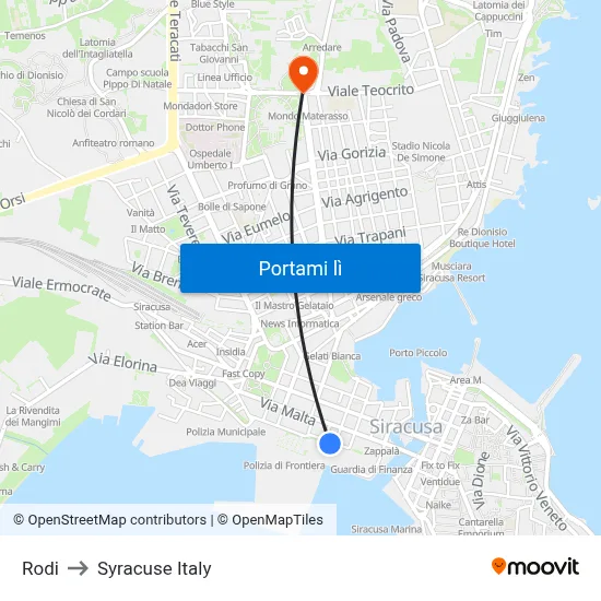 Rodi to Syracuse Italy map