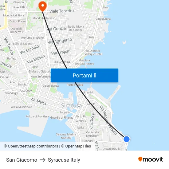 San Giacomo to Syracuse Italy map