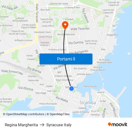 Regina Margherita to Syracuse Italy map