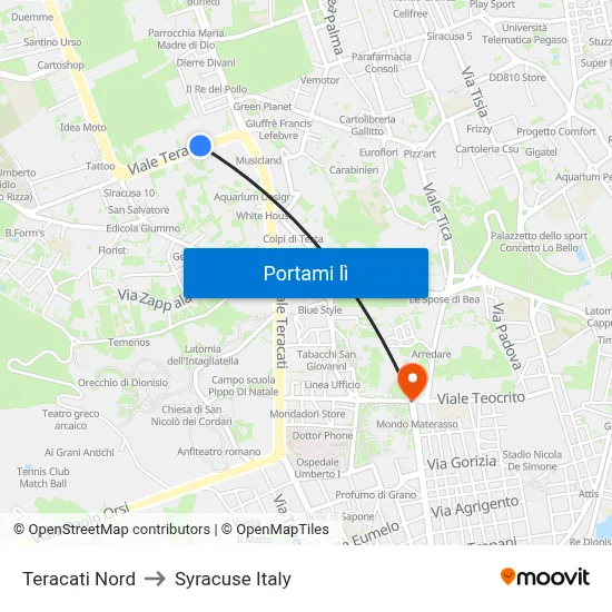Teracati Nord to Syracuse Italy map