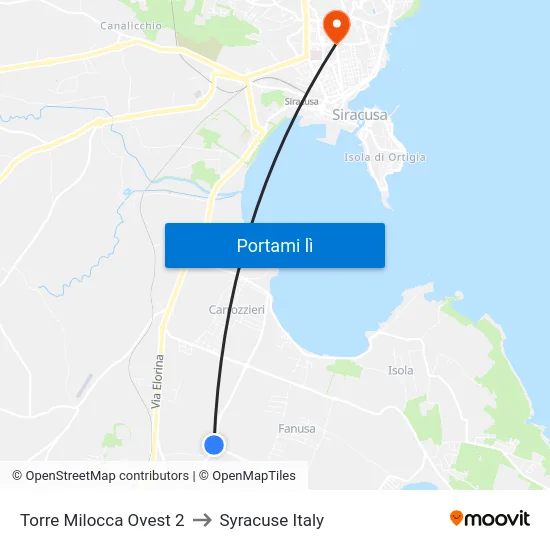 Torre Milocca Ovest 2 to Syracuse Italy map