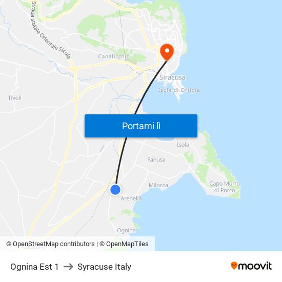 Ognina Est 1 to Syracuse Italy map