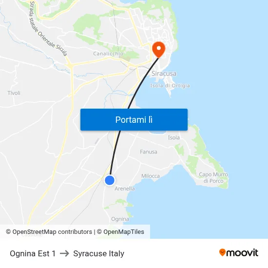 Ognina Est 1 to Syracuse Italy map