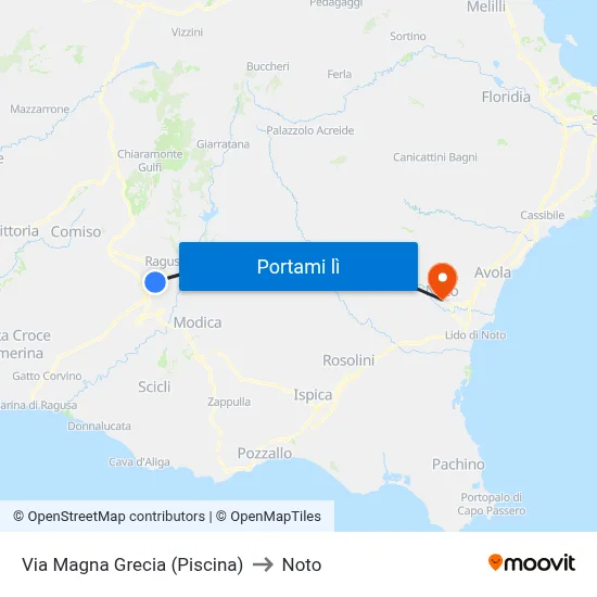 Via Magna Grecia (Piscina) to Noto map