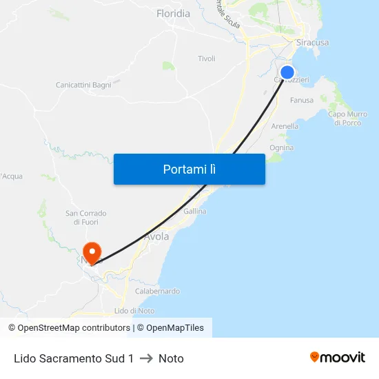 Lido Sacramento Sud 1 to Noto map
