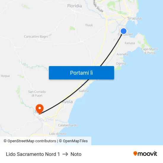 Lido Sacramento Nord 1 to Noto map