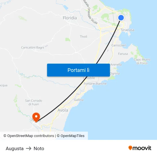 Augusta to Noto map
