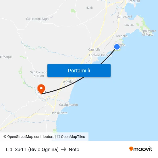 Lidi Sud 1 (Bivio Ognina) to Noto map