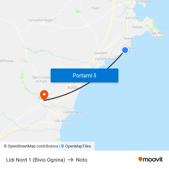 Lidi Nord 1 (Bivio Ognina) to Noto map