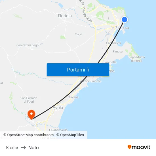Sicilia to Noto map
