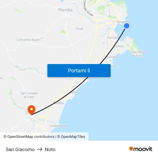 San Giacomo to Noto map