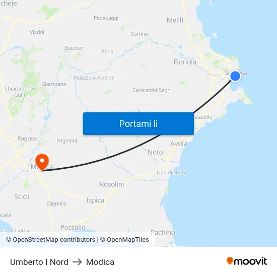 Umberto I Nord to Modica map
