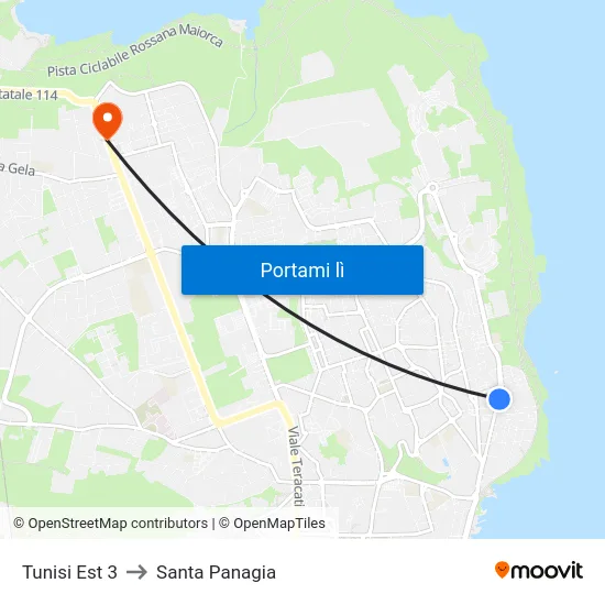 Tunisi Est 3 to Santa Panagia map