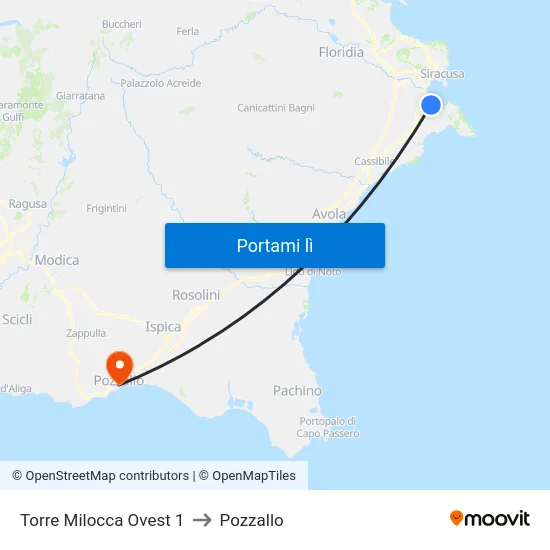 Torre Milocca Ovest 1 to Pozzallo map