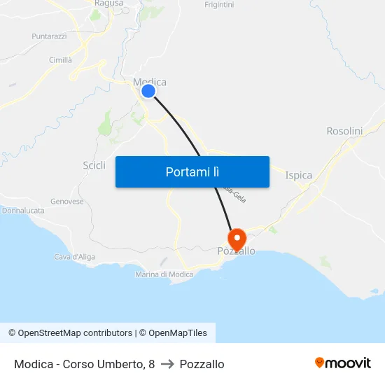 Modica - Corso Umberto, 8 to Pozzallo map