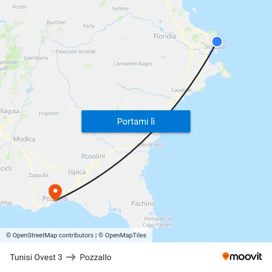 Tunisi Ovest 3 to Pozzallo map