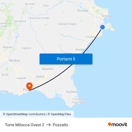 Torre Milocca Ovest 2 to Pozzallo map
