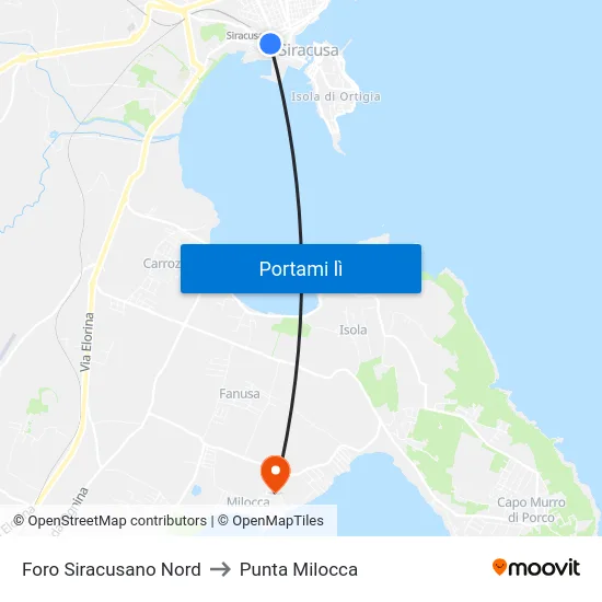 Foro Siracusano Nord to Punta Milocca map