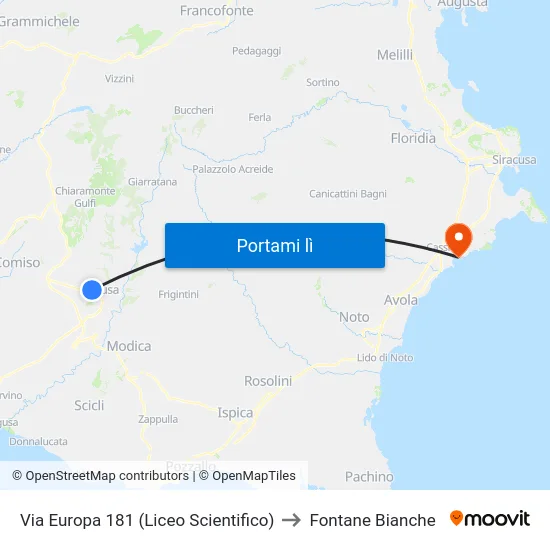 Via Europa 181 (Liceo Scientifico) to Fontane Bianche map