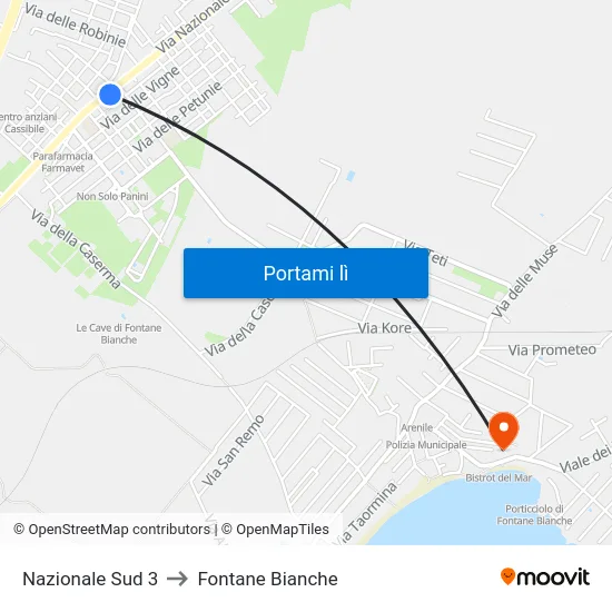 Nazionale Sud 3 to Fontane Bianche map