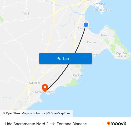 Lido Sacramento Nord 2 to Fontane Bianche map