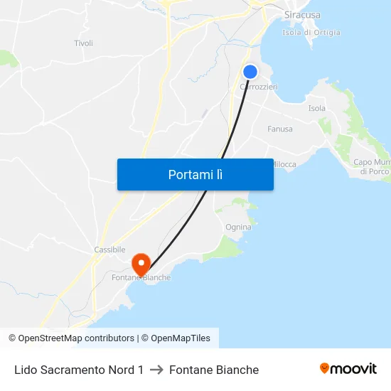 Lido Sacramento Nord 1 to Fontane Bianche map