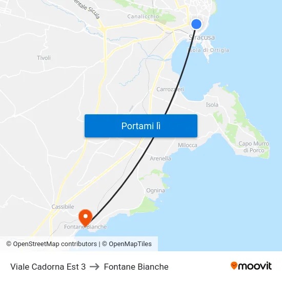 Viale Cadorna Est 3 to Fontane Bianche map