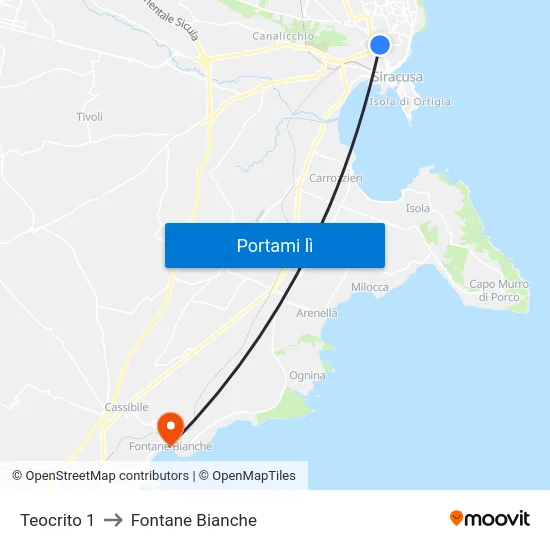 Teocrito 1 to Fontane Bianche map