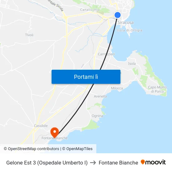 Gelone Est 3 (Ospedale Umberto I) to Fontane Bianche map