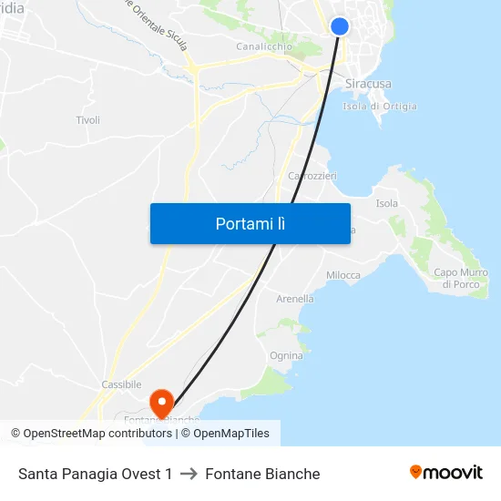 Santa Panagia Ovest 1 to Fontane Bianche map