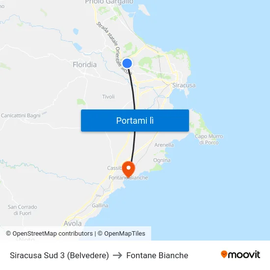 Siracusa Sud 3 (Belvedere) to Fontane Bianche map