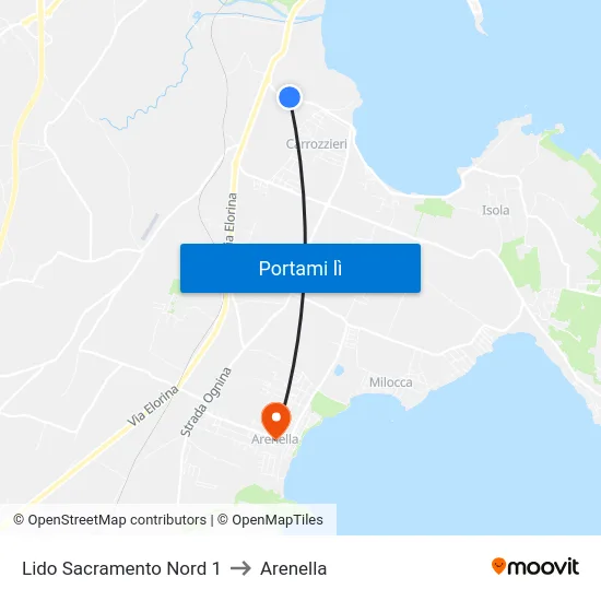 Lido Sacramento Nord 1 to Arenella map