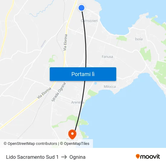 Lido Sacramento Sud 1 to Ognina map