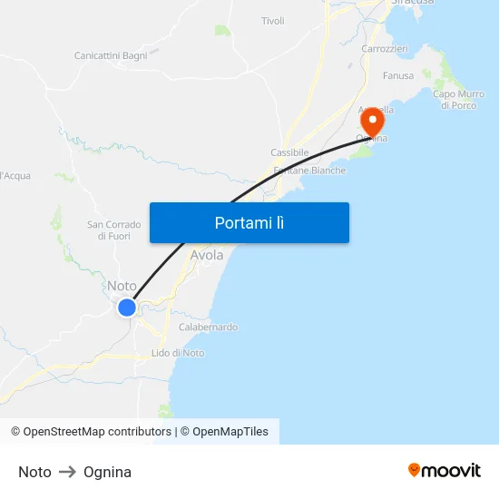 Noto to Ognina map