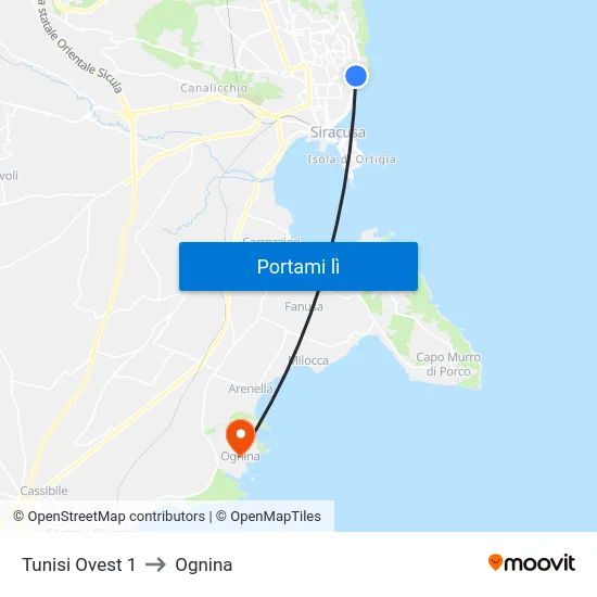 Tunisi Ovest 1 to Ognina map