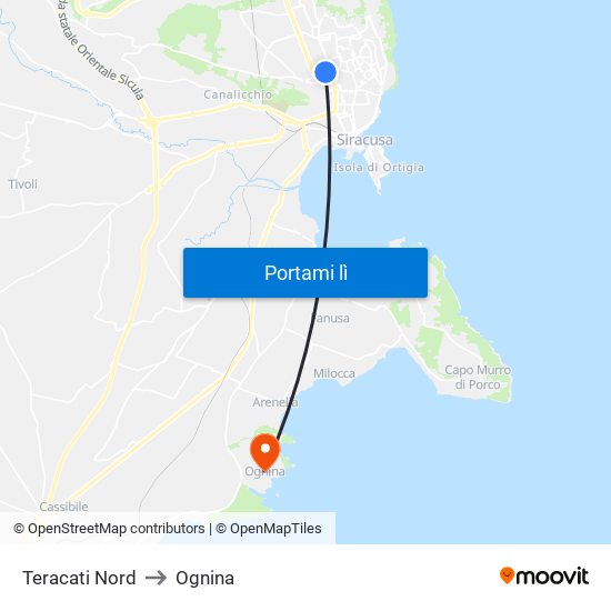 Teracati Nord to Ognina map